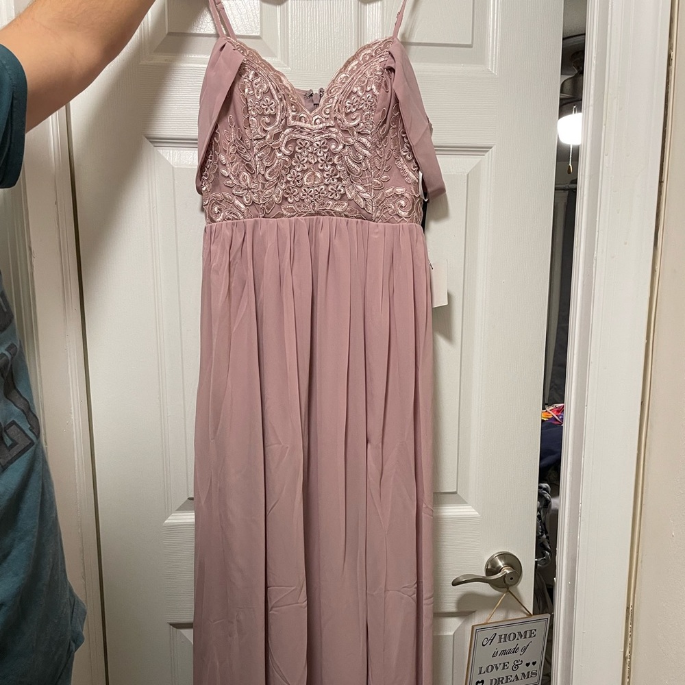Long Dusty Lavendar Bridesmaid Dress with Slit